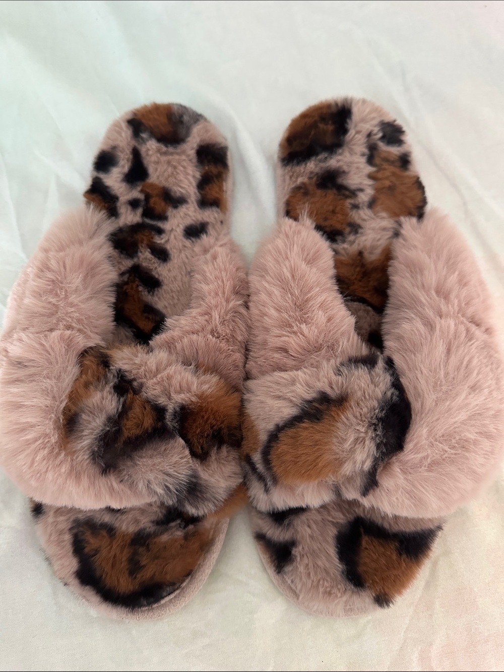 LOFT Plush Leopard-Trim Slide Slippers in Blush and Brown